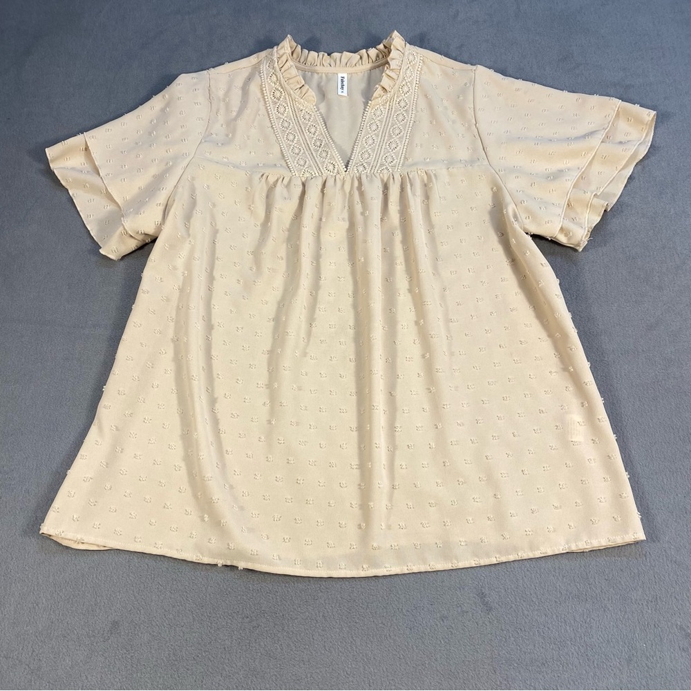 Falechay women’s Cream V-neck short flutter sleeves Top w/crochet lace detail,XL